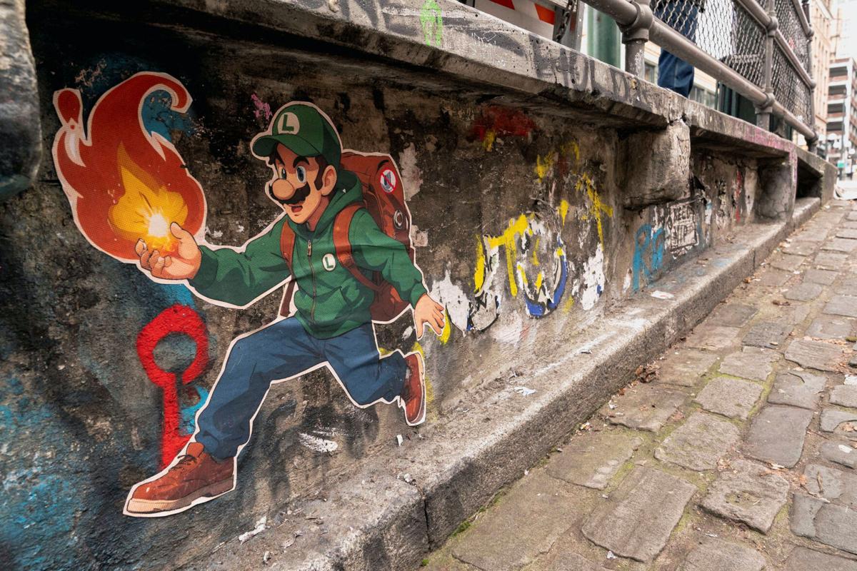 grafiti of luigi from mario with a backpack holding a fireball